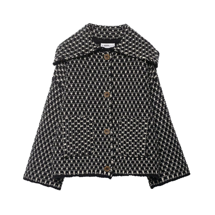 Damen nan kastige Bouclé-Tweedjacke mit großem Umlegekragen, aufgesetzten Taschen und dekorativen Holzknöpfen Drune