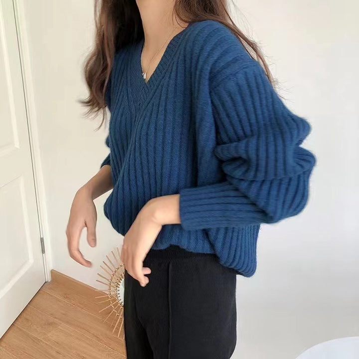 Damen V-Ausschnitt Pullover mit Rippstruktur Drune