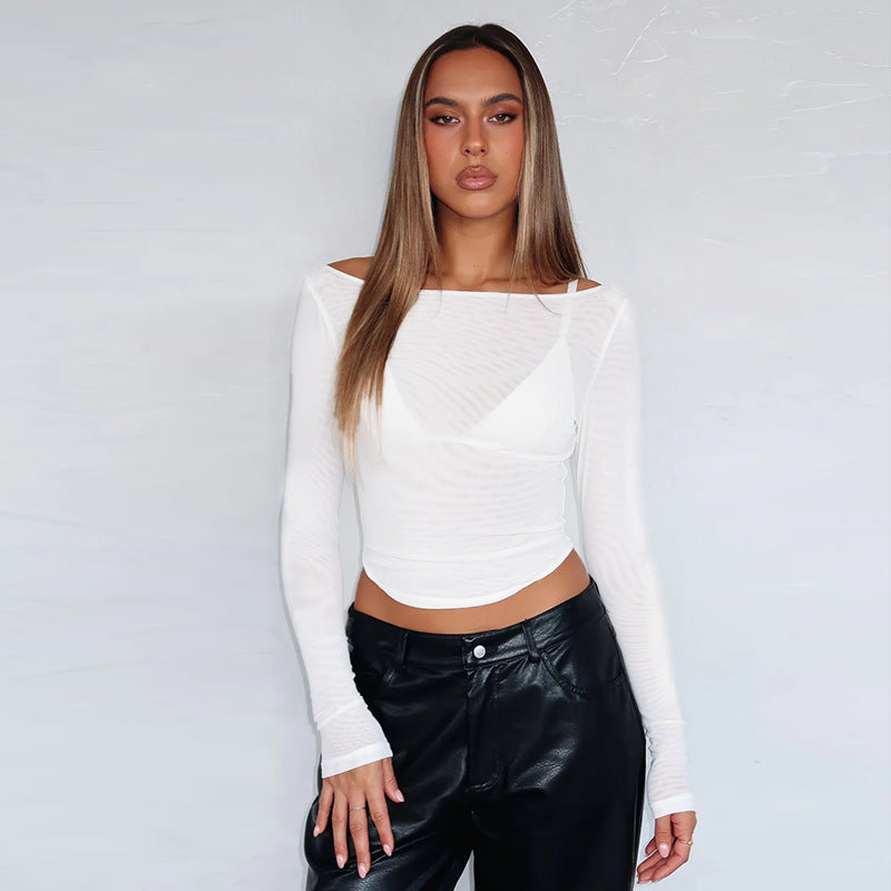Damen Langarm-Top mit transparentem Netzdesign und schulterfreier Optik Drune
