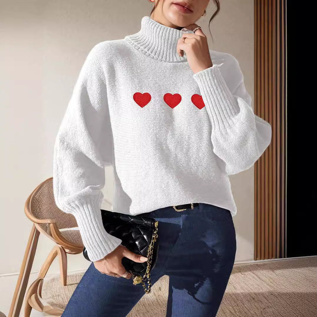 Damen Pullover mit hohem Kragen und verspielten Herzapplikationen Drune