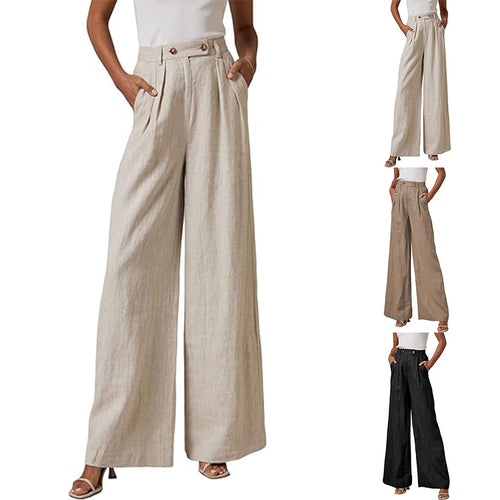Damen elegante weite Leinenhose mit hohem Bund und Falten Drune