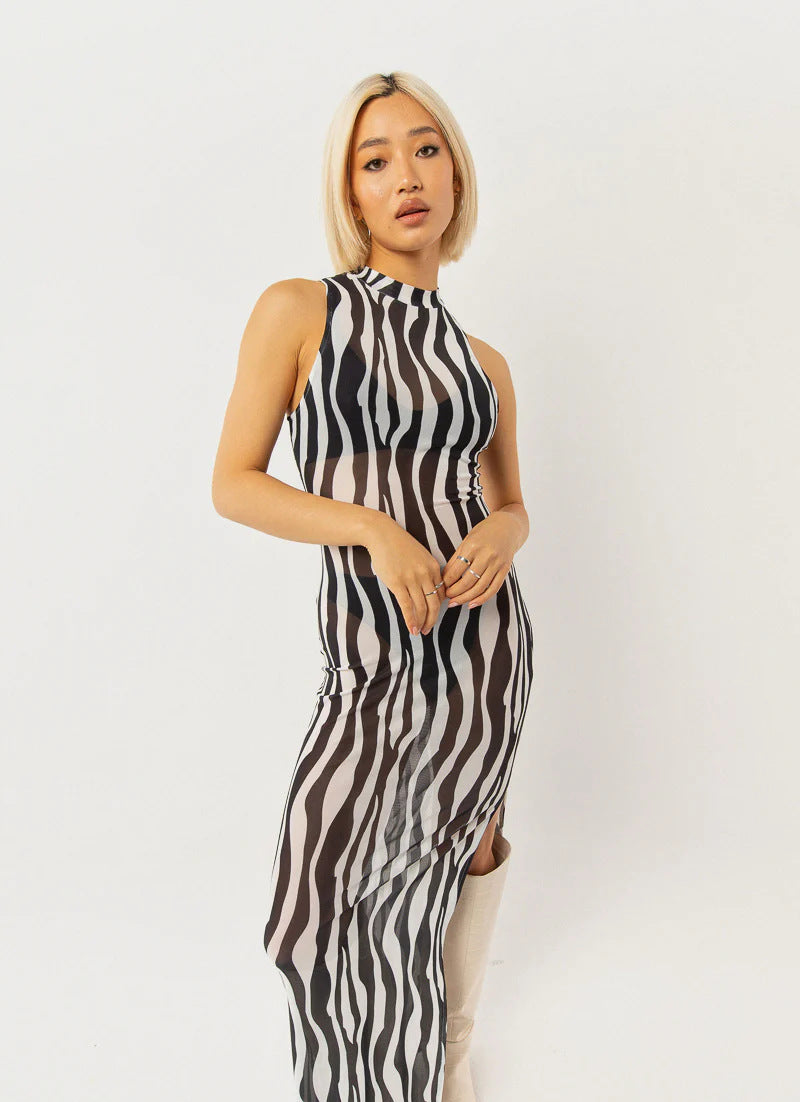 Damen elegantes Maxikleid mit hohem Kragen und fließendem Schnitt Drune