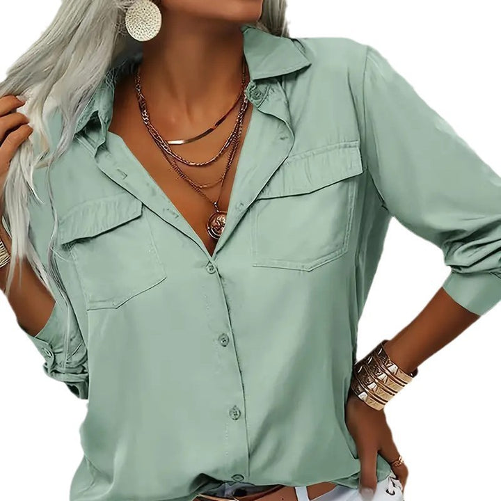 Damen nan leichte V-Ausschnitt Chiffonbluse mit Brusttaschen und geknöpftem Frontverschluss Drune