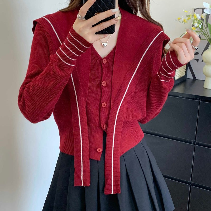 Damen Strickjacke mit dekorativem Kragen und Knopfdetails Drune