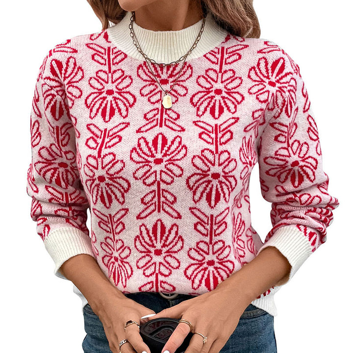 Damen Strickpullover mit floralem Muster und Stehkragen Drune