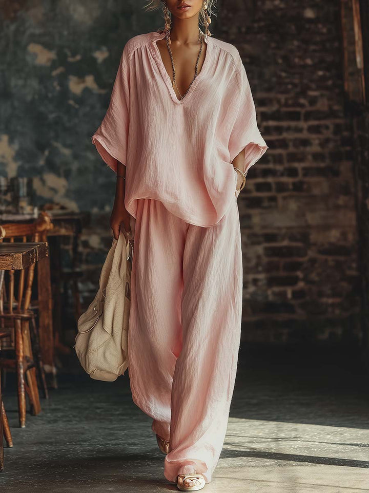Damen nan lässiges zweiteiliges Leinenoptik-Set mit tiefem V-Ausschnitt, Oversize-Bluse und weitem Palazzo-Hosen Drune