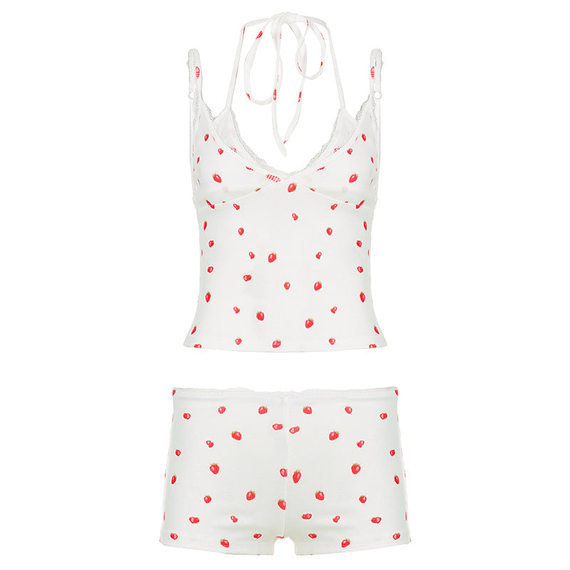 Damen Loungewear-Set mit Spitzendetails und fruchtigem Print Drune
