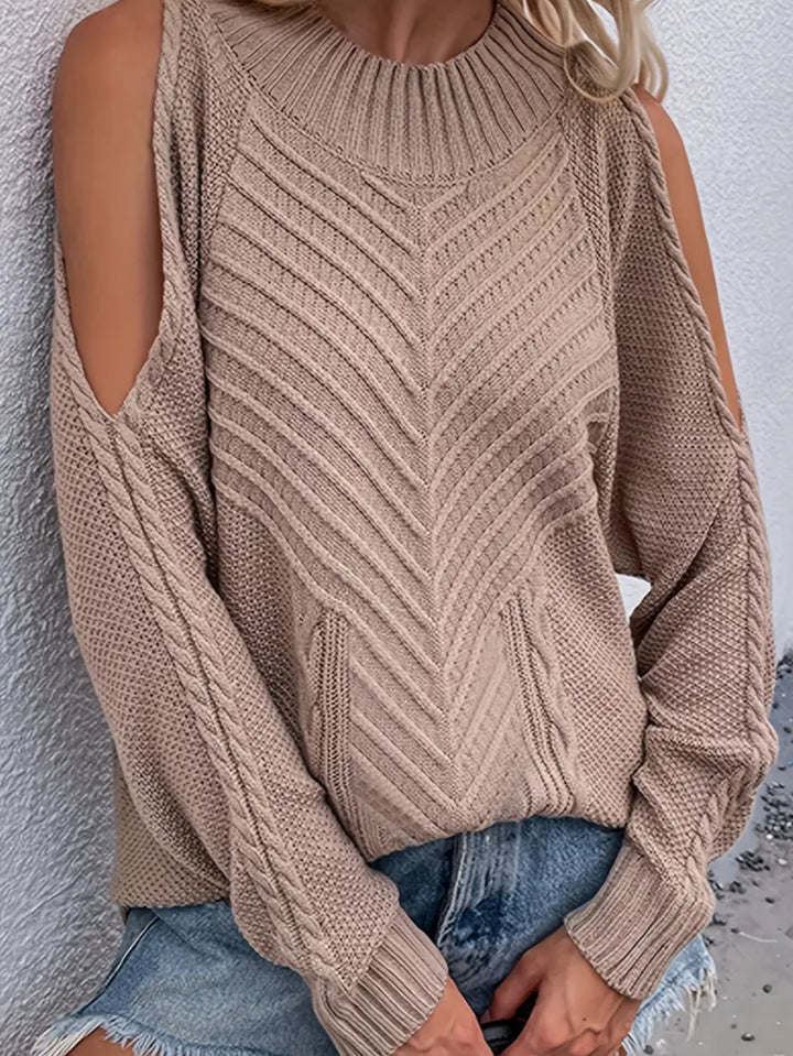 Damen Grobstrickpullover mit offenen Schultern und dekorativem Zopfmuster Drune