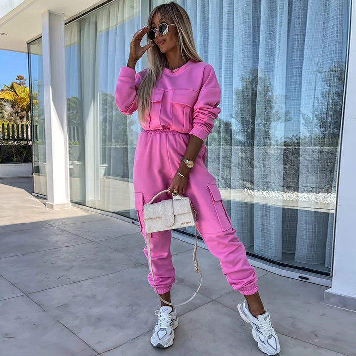 Damen lässiges Freizeit-Loungewear-Set mit Taschen und elastischen Bündchen Drune