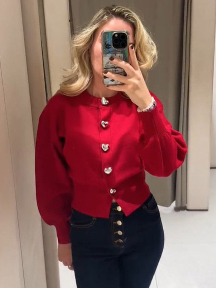 Damen Pullover mit Herzknöpfen und Puffärmeln Drune