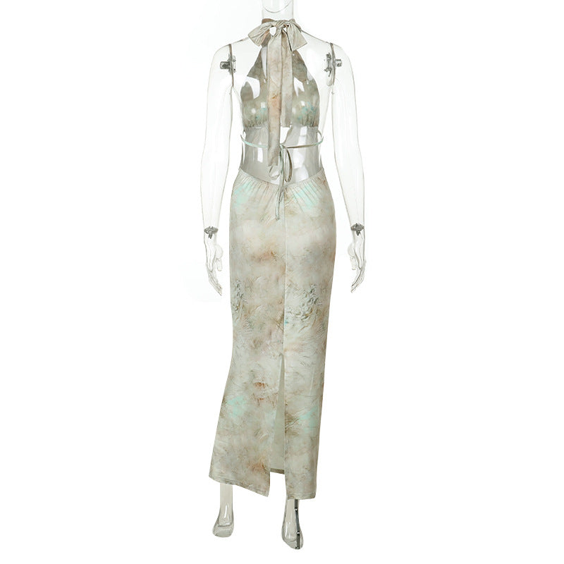 Damen elegantes Maxikleid mit kreativem Schlitz und schimmerndem Wasserfallausschnitt Drune