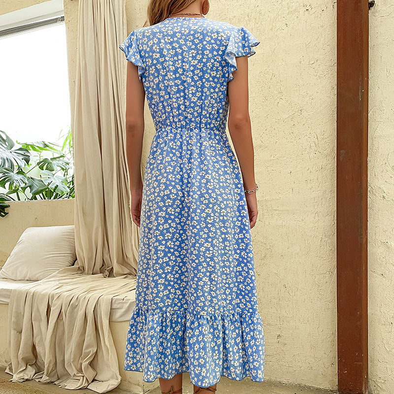 Damen Maxikleid mit floralen Rüschendetails und taillierbarem Gürtel Drune
