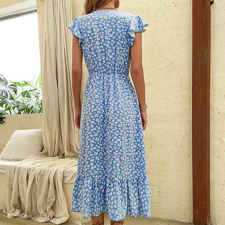 Damen Maxikleid mit floralen Rüschendetails und taillierbarem Gürtel Drune