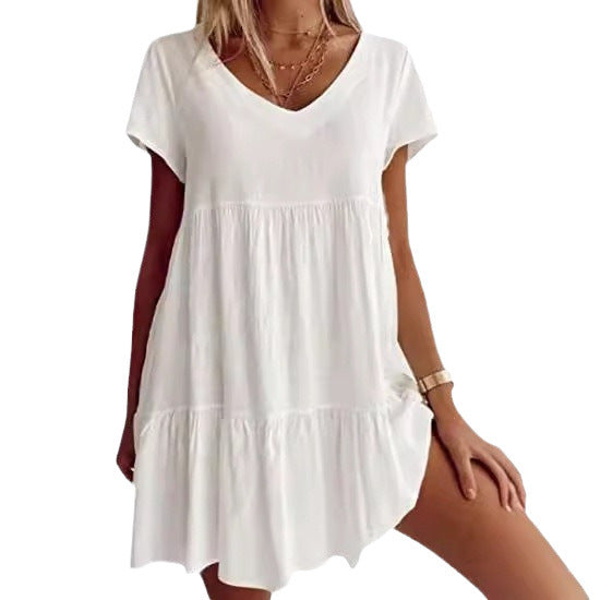 Damen lässiges und leichtes Sommerkleid mit V-Ausschnitt und voluminösem Rock Drune