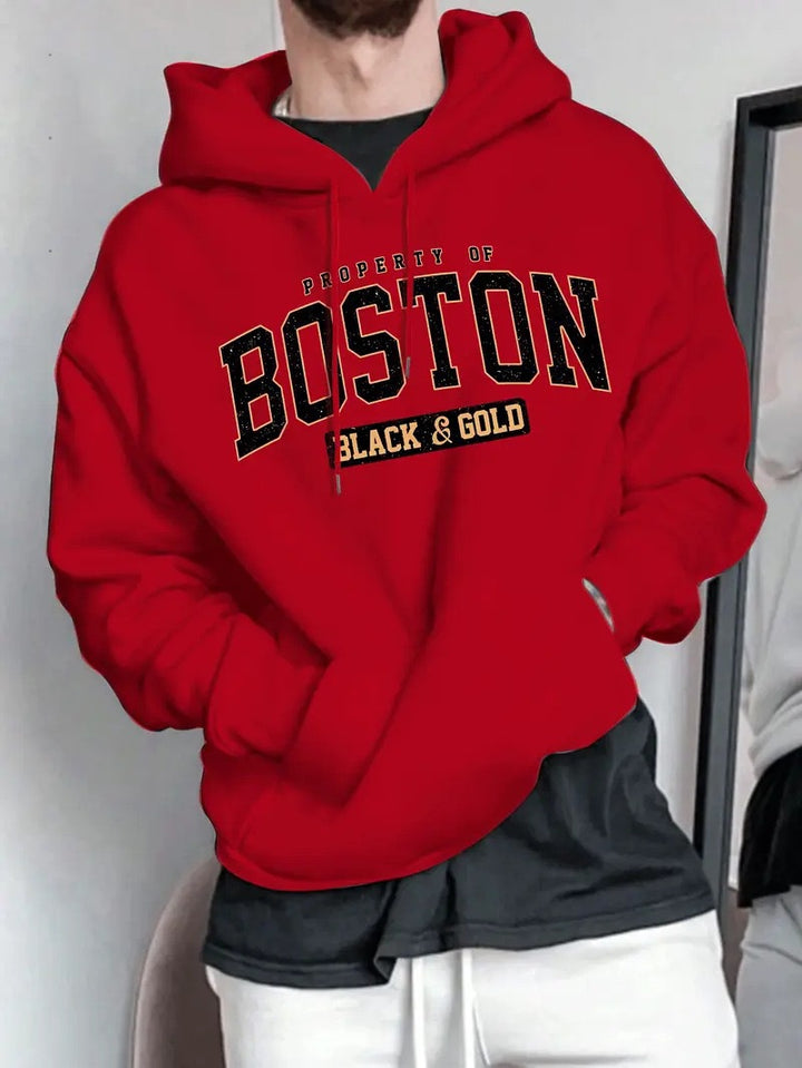 Herren Kapuzensweater mit auffälligem Boston-Print und weicher Innenseite Drune