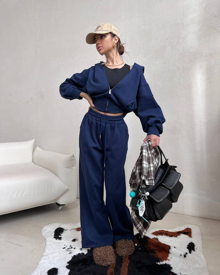 Damen lässiges und modisches Freizeit-Set mit cropped Kapuzenjacke und weitem Hosen Drune