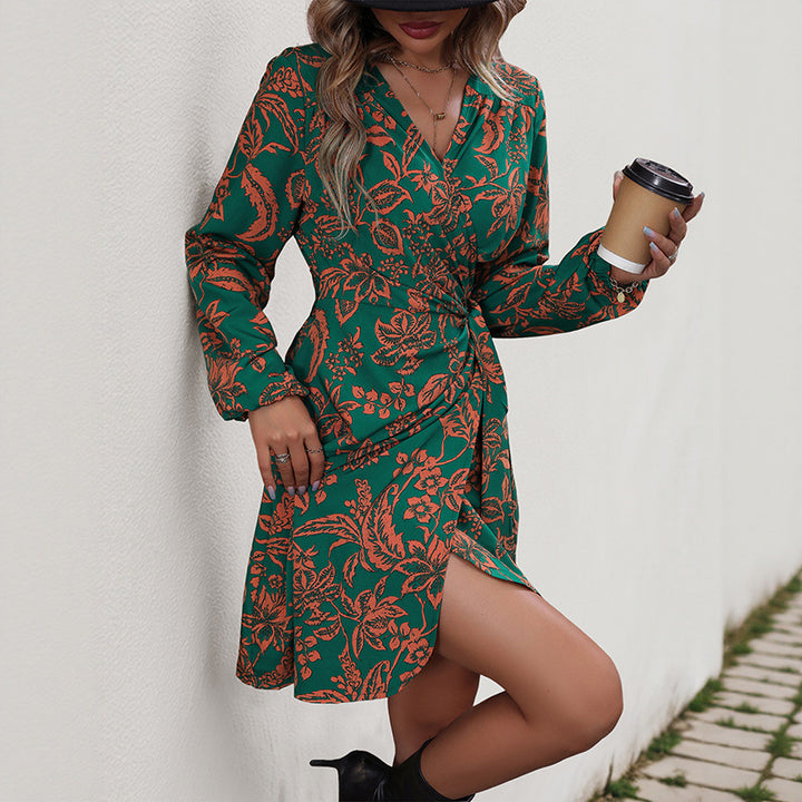 Damen Wickelkleid mit floralen Mustern und eleganten Ärmeln Drune