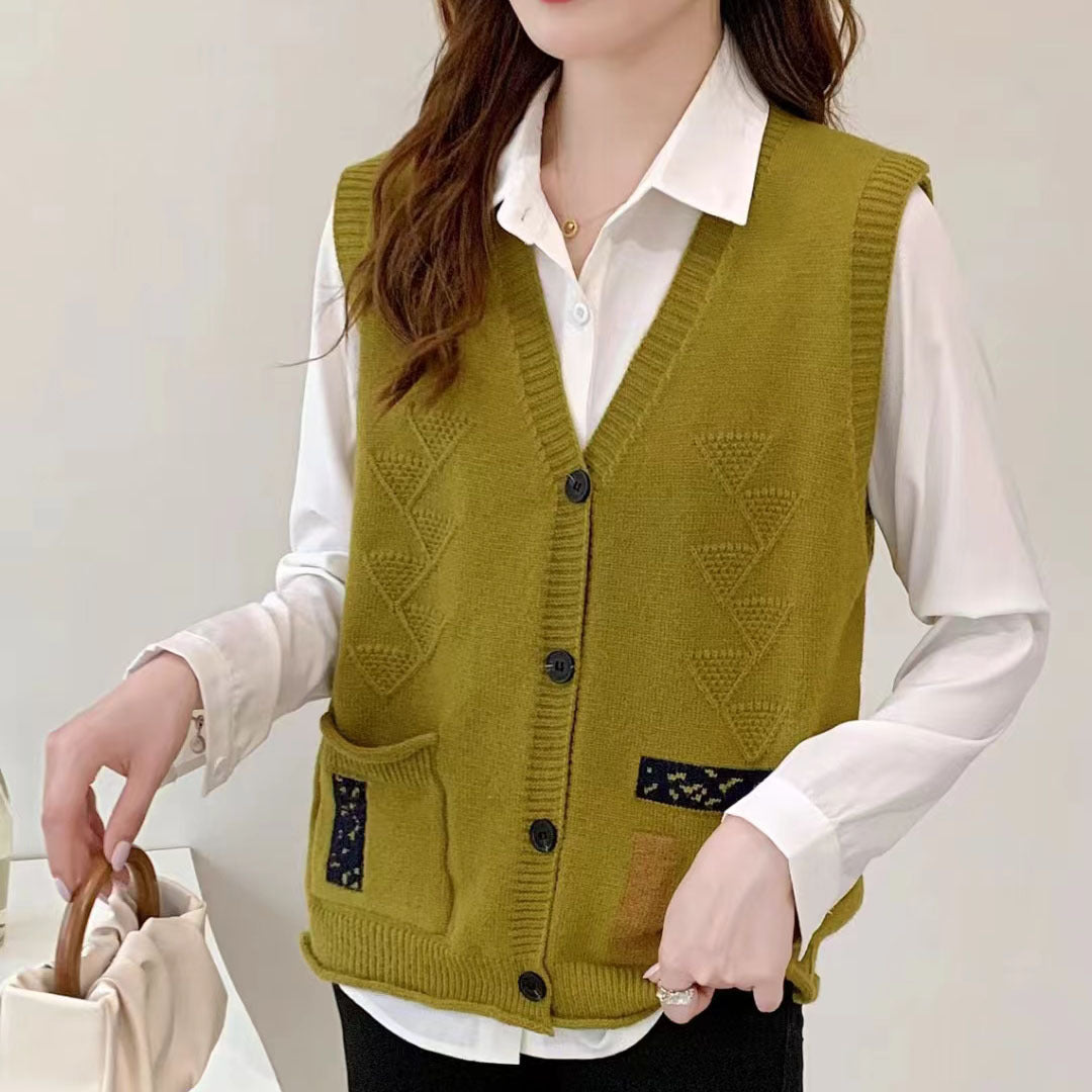 Damen Strickweste mit V-Ausschnitt und dekorativen Taschen Drune