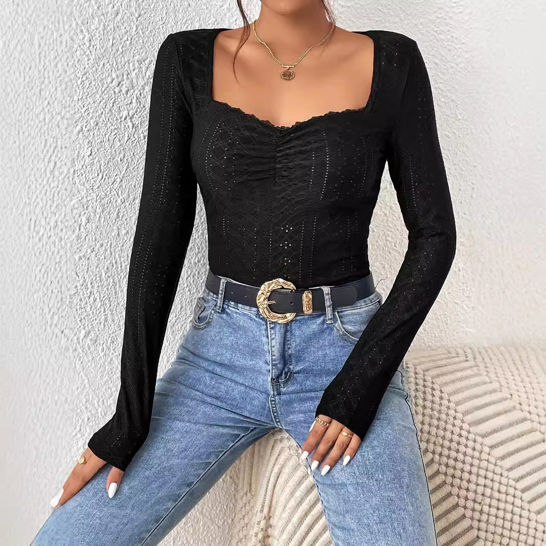 Damen Langarm Bodysuit mit quadratischem Ausschnitt und raffinierten Rüschen Drune