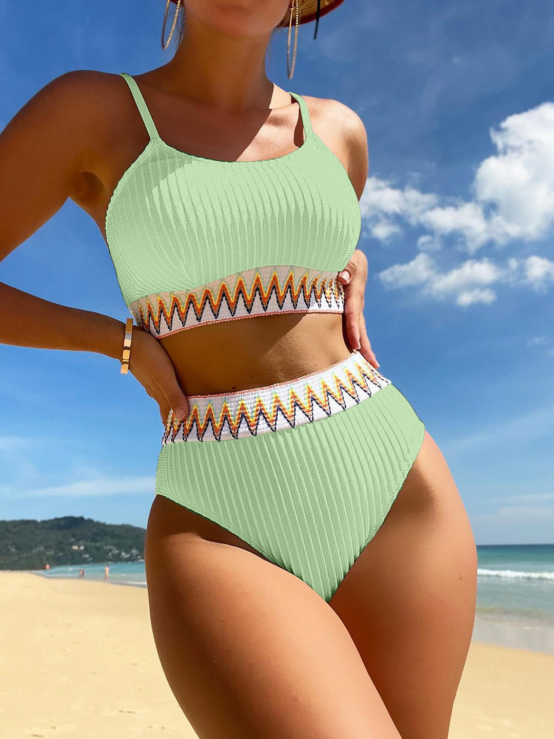 Damen Hochtailliertes Bikini-Set mit modischem Rippdesign und buntem Akzent Drune
