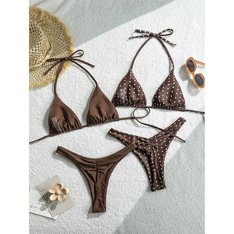 Damen Triangel-Bikini-Set mit Rüschendetails und gepunktetem Design Drune
