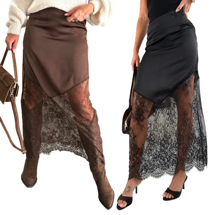 Damen asymmetrischer Spitzenrock mit Satinfutter Drune