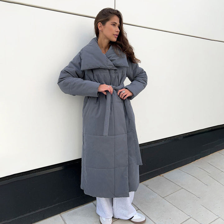 Damen elegante und warme Steppjacke mit breitem Kragen und Gürtel Drune