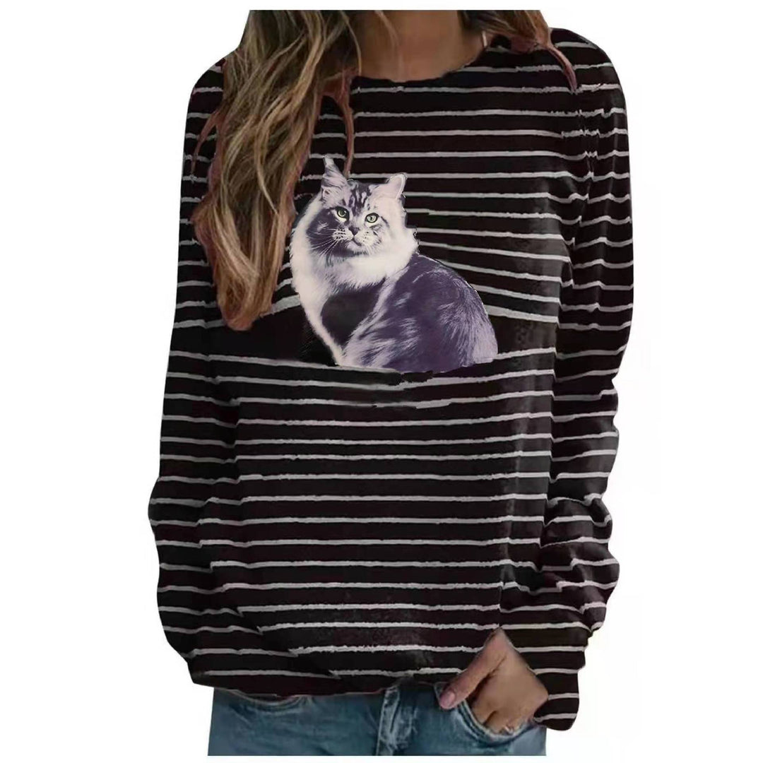 Damen nan lässiger Streifenpullover mit fotorealistischer Katzentasche und Rundhalsausschnitt Drune