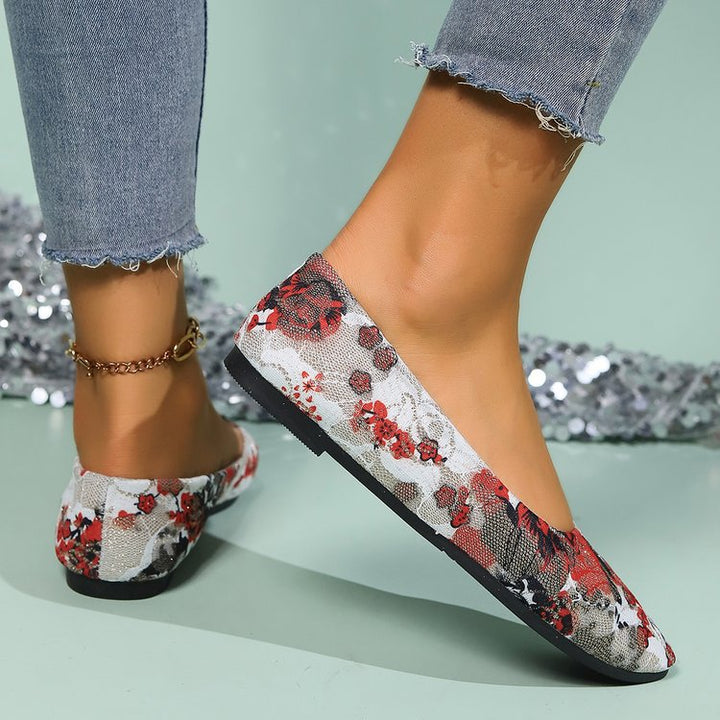 Damen Ballerinas mit floralem Muster und elegantem, spitzem Zehenbereich Drune