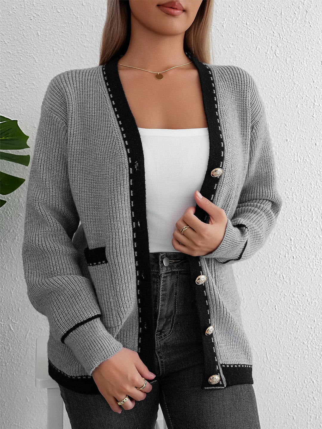 Damen Strickjacke mit dekorativen Knöpfen und feinem Strukturdesign Drune