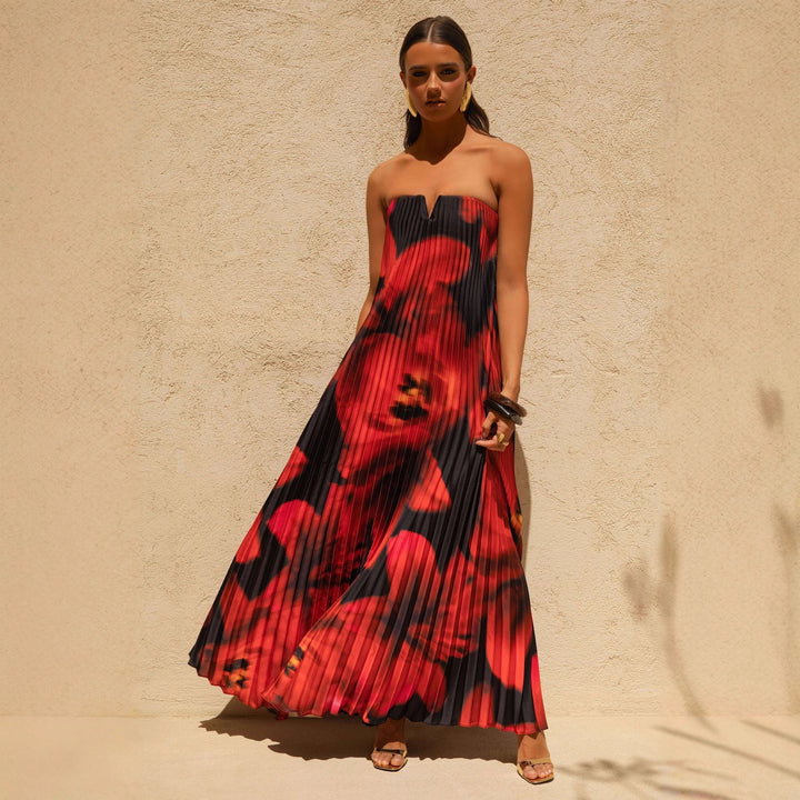 Damen Maxikleid mit plissiertem Design und floralem Druck Drune