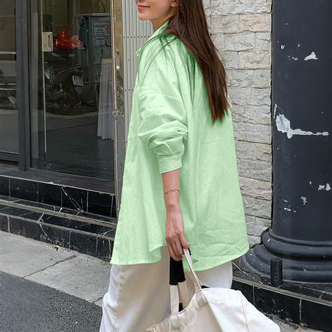 Damen nan oversized Hemd mit feiner Nadelstreifenstruktur, Kentkragen, abgerundetem Saum und geknöpften Manschetten Drune