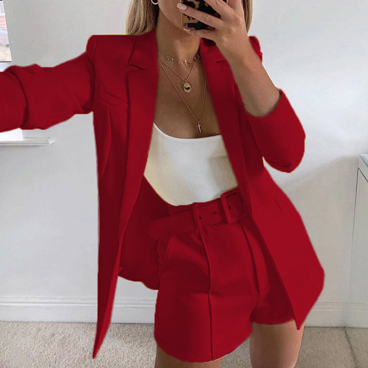 Damen nan tailliertes Longblazer-Shorts Set mit betonter Schulterpartie, hoher Taille und breitem Gürtel Drune