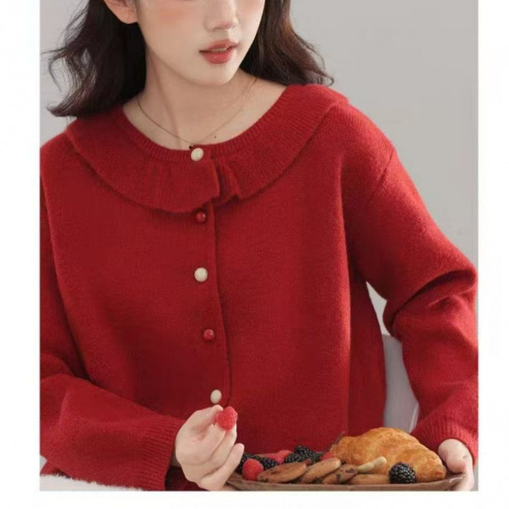Damen Strickpullover mit romantischem Rüschenkragen und feinen Knopfdetails Drune