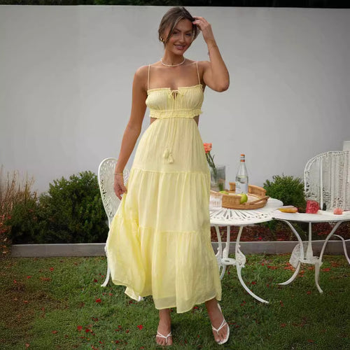 Damen luftiges Maxikleid mit Rüschendetails und verstellbarem Taillenband Drune