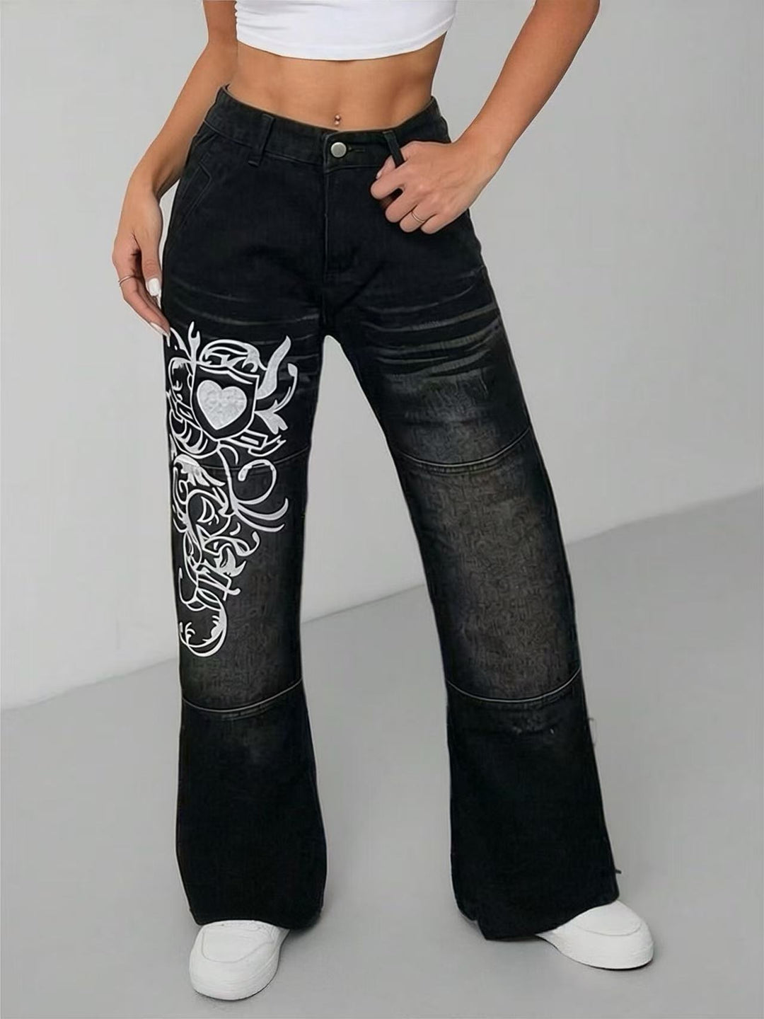 Damen weite Jeans mit kunstvollem Aufdruck Drune