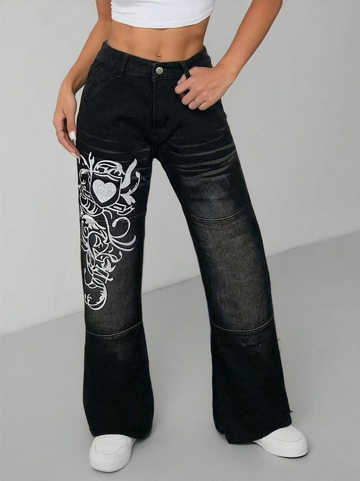 Damen weite Jeans mit kunstvollem Aufdruck Drune