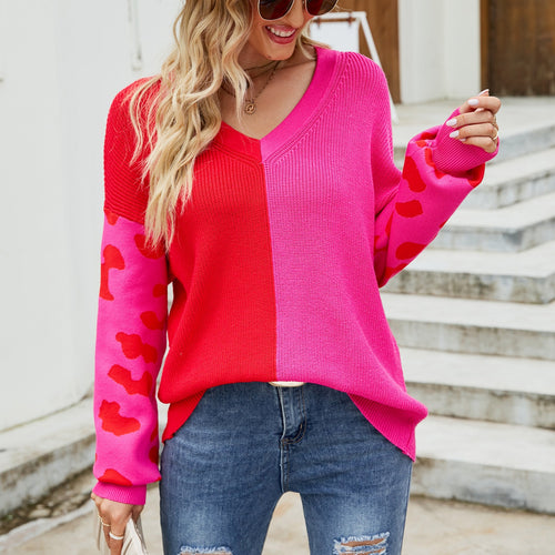 Damen farbenfroher Pullover im modischen Blockfarben-Design mit Leopardenmuster Drune