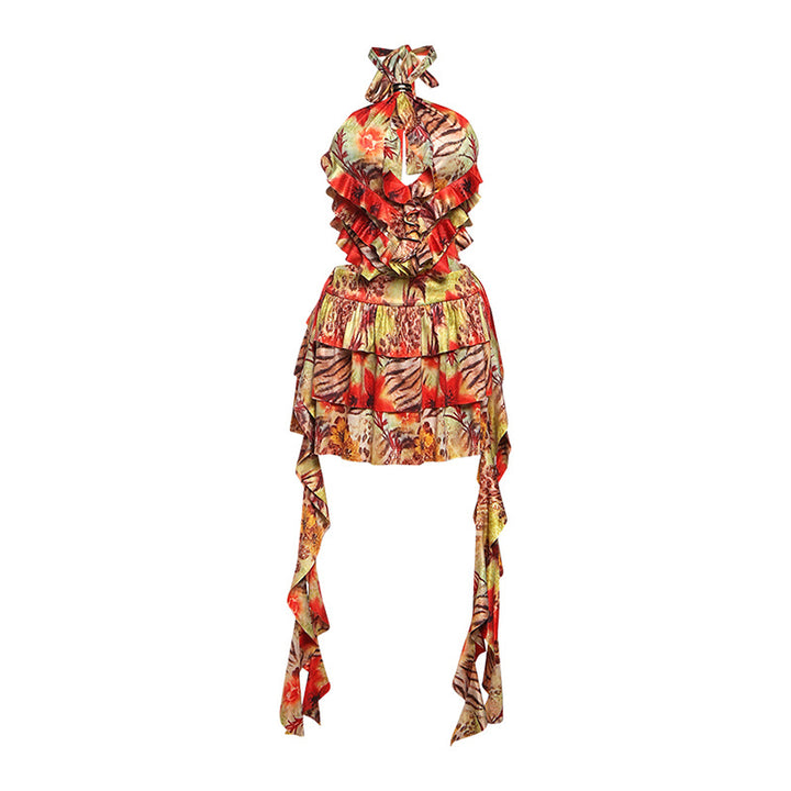 Damen Rüschenkleid mit floralen Motiven und verstellbarem Träger Drune