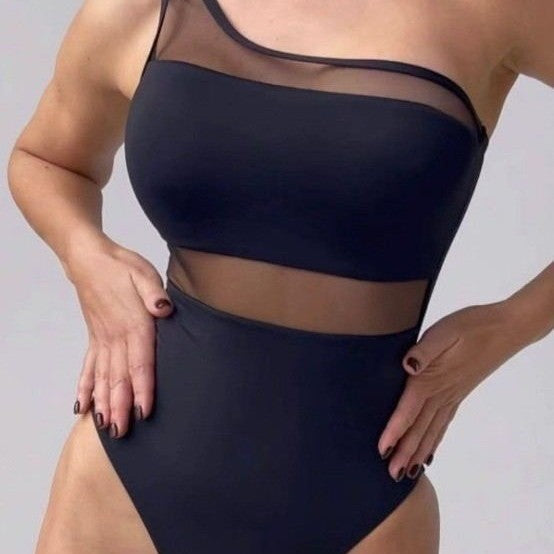 Damen Einteiler Badeanzug mit asymmetrischem Schnitt und transparenten Akzenten Drune