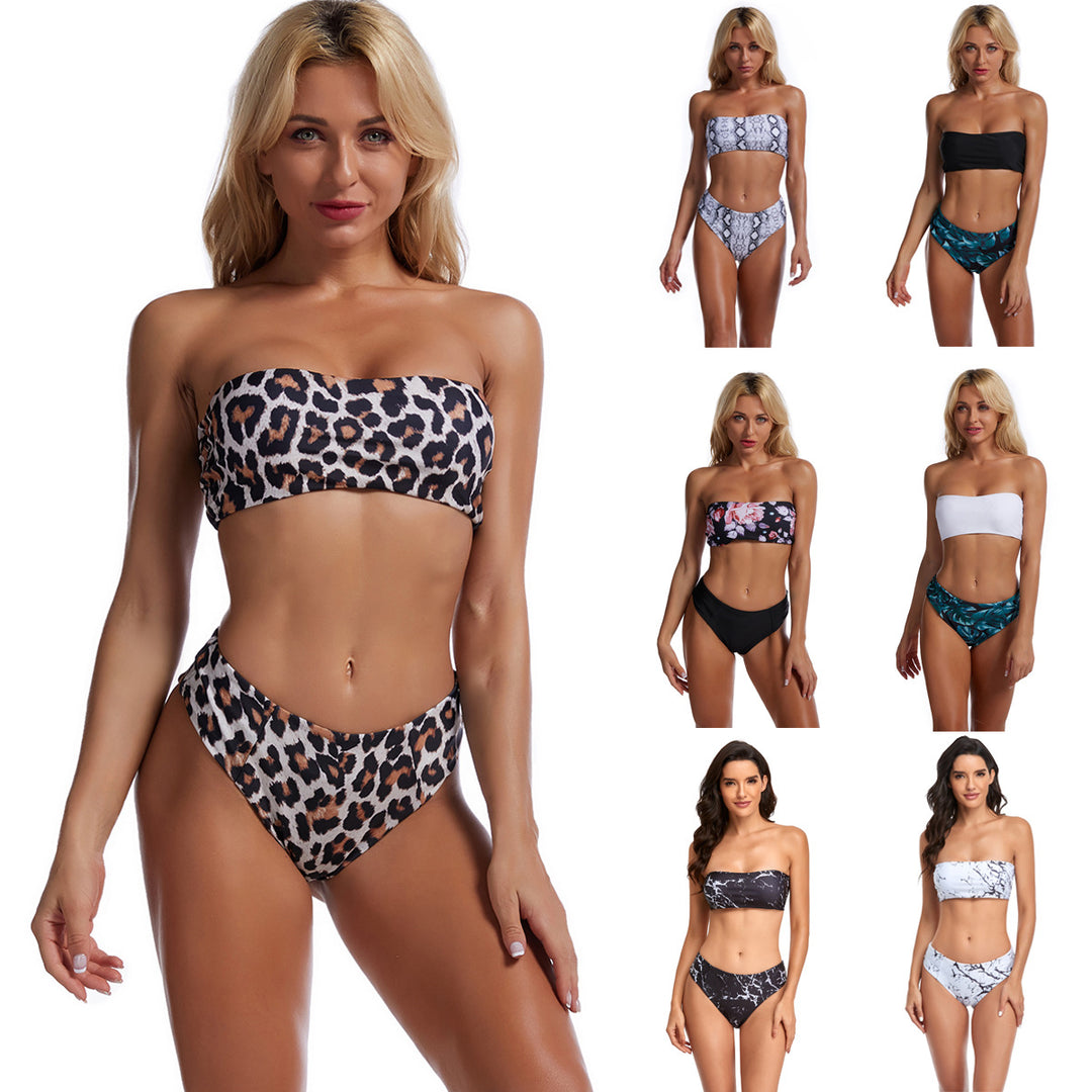 Damen Bandeau-Bikini mit floralem Oberteil und hohem Bund Drune
