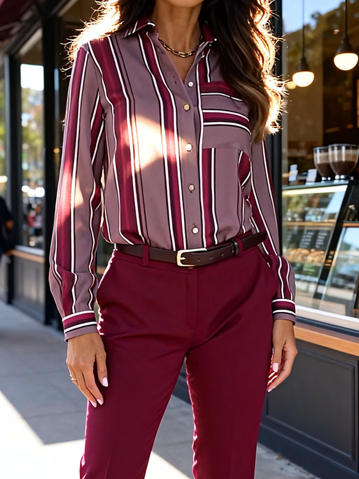 Damen Elegante schicke Bluse mit feinen Streifen und klassischem Kragen Drune