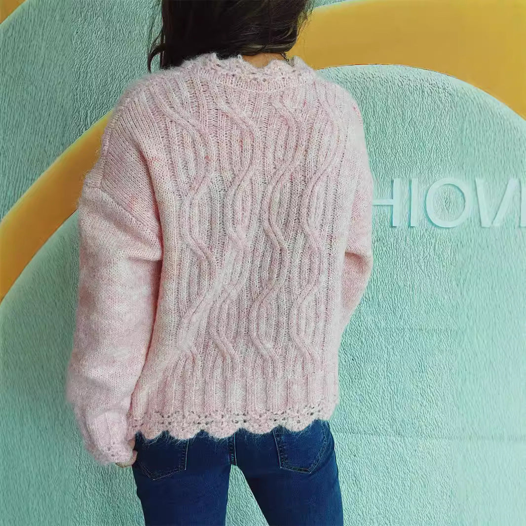 Damen Grobstrickpullover mit modischem Zopfmuster und einzigartigen Schneeflocken-Applikationen Drune