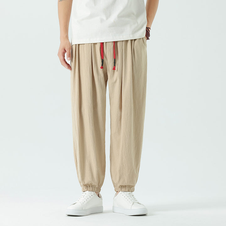 Herren nan locker geschnittene Leinen-Baumwoll Hose mit Kordelzug und elastischen Bündchen Drune
