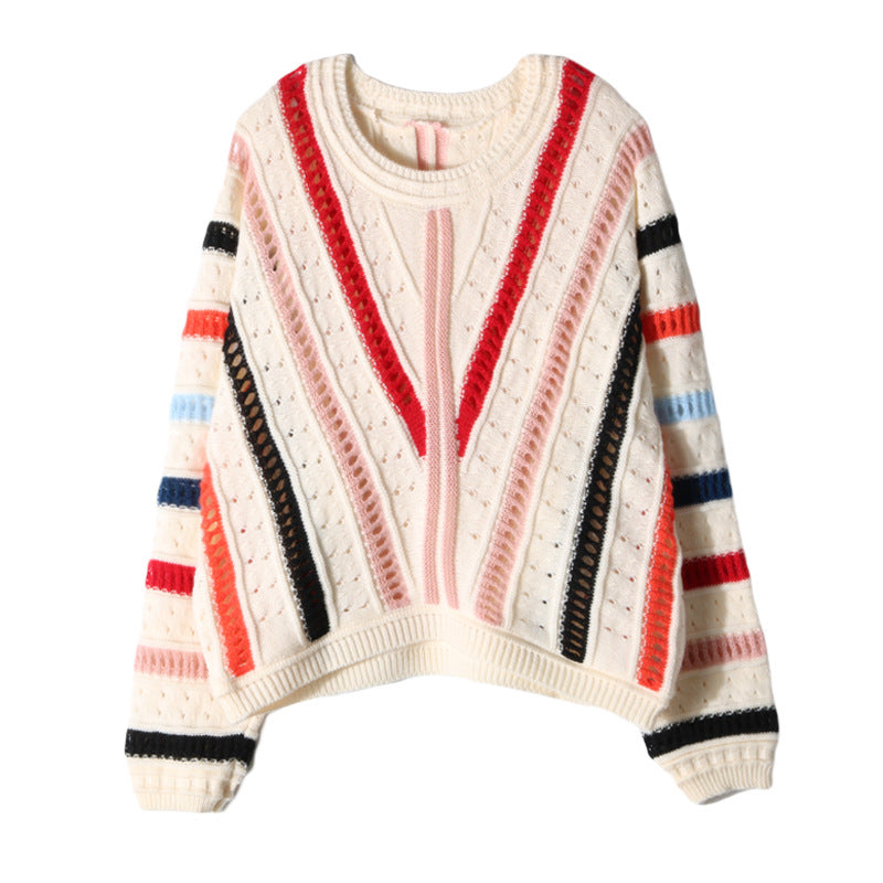 Damen modischer Pullover mit farbenfrohem V-Ausschnitt und strukturiertem Strickdesign Drune