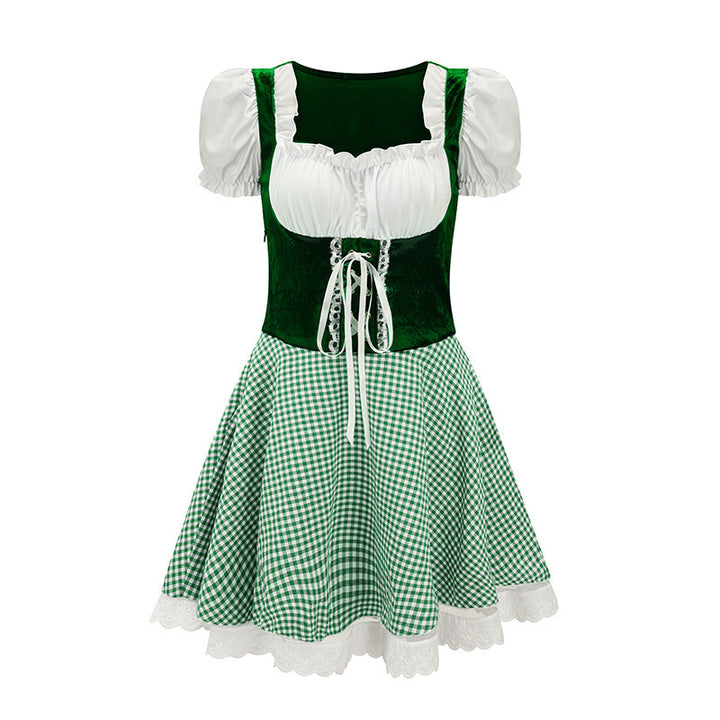 Damen nan bayerisch inspiriertes Mini-Dirndl mit geschnürtem Mieder, Puffärmeln und Vichykaro-Rock Drune