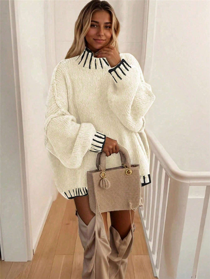 Damen Oversized Strickpullover mit dekorativem Kragen Drune