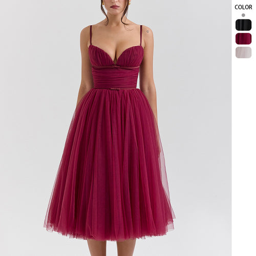 Damen Tüllkleid mit eleganter A-Linien Silhouette und verstellbaren Spaghettiträgern Drune