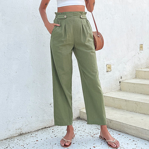 Damen weite Leinenhose mit hoher Taille und dekorativen Knopfdetails Drune