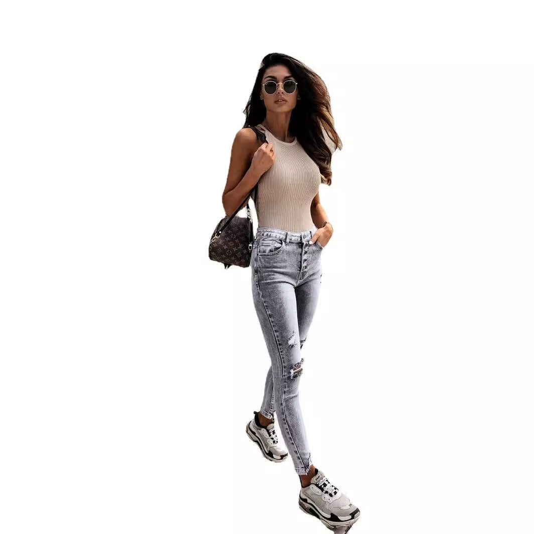 Damen Skinny Jeans mit hohen Taschen und trendy Distressed-Details Drune